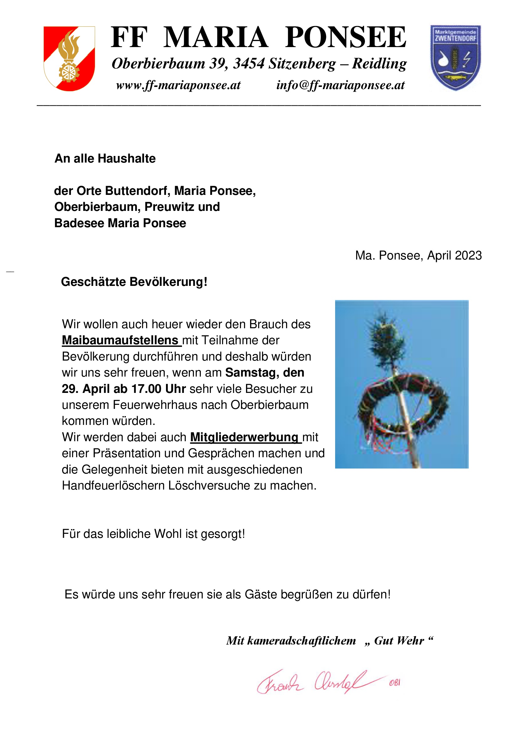 Einladung zum Maibaumaufstellen 2023